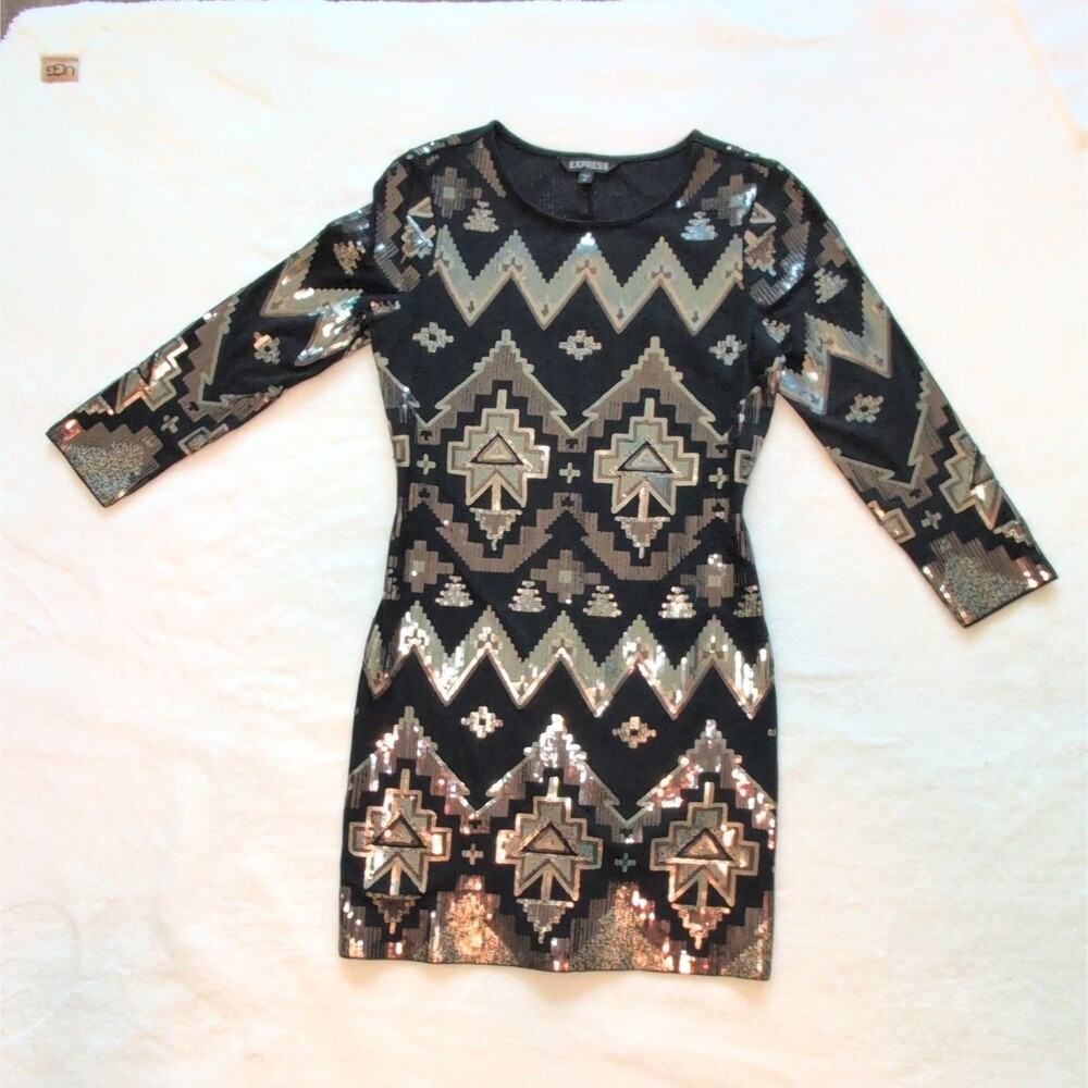 Y2K Express Women's Aztec Sequin Embroidered Party Dress, S Disco Festival Bling